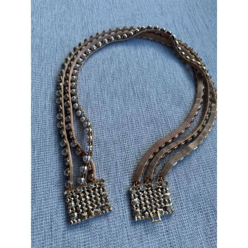 Triple Strand Faux Pearl Multi Color Gemstone Gold Tone Belt 29